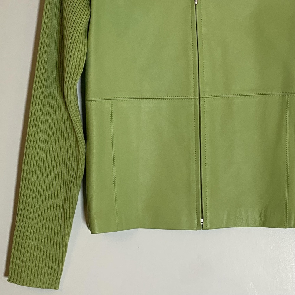 Escapade Jacket Womens Medium Green Leather Ribbed Knit Full Zip Lined - Picture 4 of 16